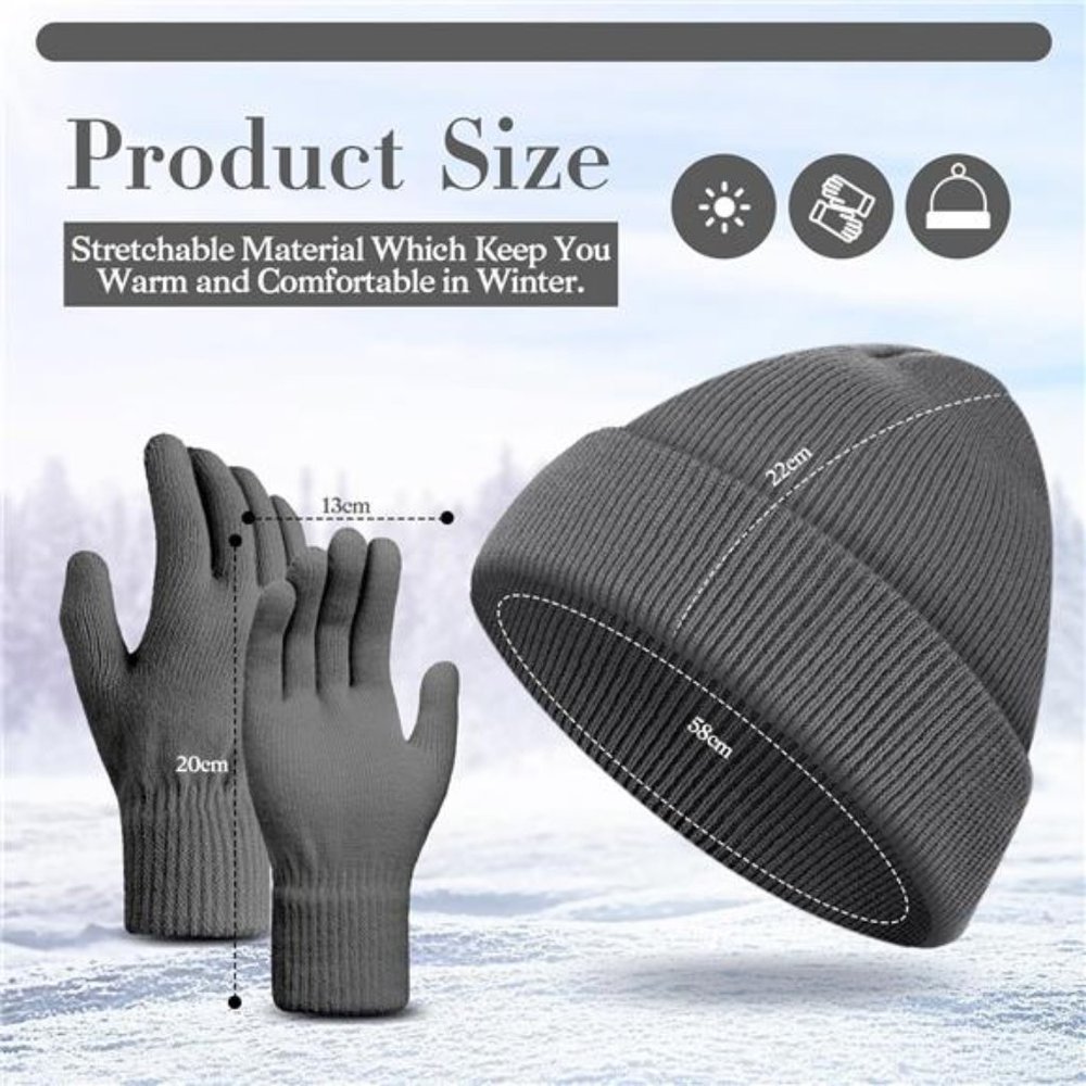 2 Pcs Shiny Match Winter Beanie Hat Gloves Set, Soft Knitted Hat Stretchy Gloves - Picture 2 of 8